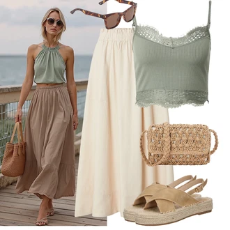 Outfit s Tmavě zelená/Khaki/Světle zelená/Zelená Top Se Špagetovými Ramínky/Krajkový Top/Tílko s ořezem/Krajkový Top/Krátký Top/Bustierový Top A Lot Less "Každodenní vzhled"