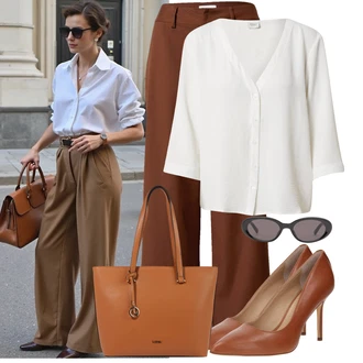 Outfit s Khaki/Hnědá/Tmavě Hnědá/Oranžová Široká Kalhoty/Marlene Kalhoty/Paperbag Kalhoty/Mušelínové Kalhoty/Kalhoty s Vysokým Pasem/Kalhoty se Štěrbinou/Twillová Kalhoty/Obleková Kalhoty bella x about you "Skvělý vzhled pro volný čas"