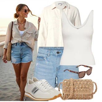 Outfity s boyfriend džínami Léto s Světle modrá Džíny s Dírou/Džíny Culottes/Džíny s Rozparkem/Navlékací džíny/Kožené bundy/Boyfriend Džínové kalhoty Noisy may, Krémová/Bílá Jednoduchý top/Halenka Bez Rukávů/Sportovní top JdY "Stylový vzhled pro volný čas"