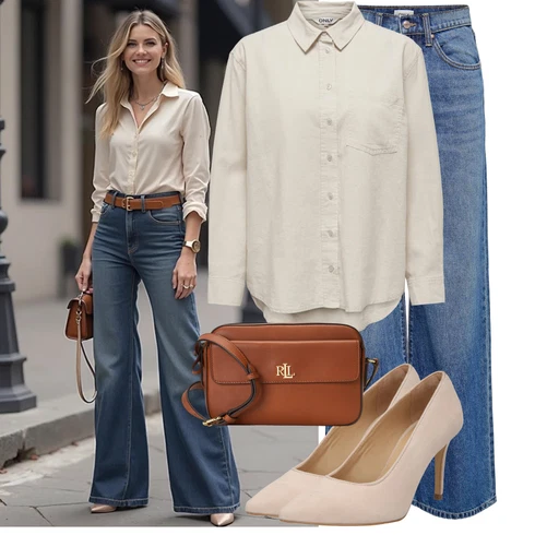 Kombinace Bílá/Khaki Manšestrová Halenka/Blůza s knoflíčkem/Lněná Halenka/Halenka s Dlouhým Rukávem/Oversize Halenka/Oversize Muselínová Blůza Only kombinovat s Světle modrá/Modrá Zvonové Džíny/Vintage džíny/High Waist Džínové Kalhoty/Džíny Culottes/Džíny Volného Střihu/Džíny s Rozparkem Only
