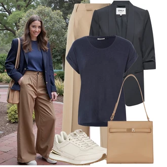 Ležérní Narozeniny Outfit s Tmavě modrá Tričko/Tričko s vodopádovým výstřihem/Pletené tričko/Tričko nadměrné velikosti/Tričko s krátkým rukávem/Top/Zavinovací Tričko Only "Oblečení pro volný čas"Look: Ležérní, Old Money, Nadrozměrné, Bar, Koncert, Karneval, 18. narozeniny, Škola, Narozeniny