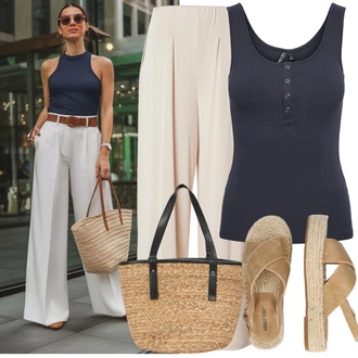 Outfit s Tmavě modrá/Modrá Halenka Bez Rukávů/Tričko s grafikou/Tílko Pieces "Lehký outfit"