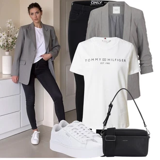 Outfit s Šedá/Hnědá/Bílá/Krémová/Oranžová Fancy tričko/Košile s potiskem/Tričko s nápisem/Tričko s krátkým rukávem Tommy Hilfiger "Módní outfit pro volný čas"