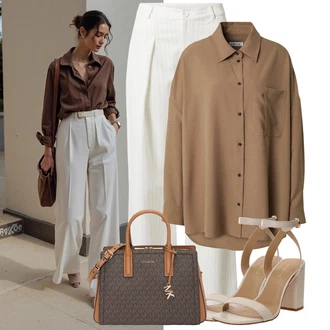 Outfit s Krémová/Bílá/Béžová/Khaki Plisovaná kalhoty/Mušelínové kalhoty/Obleková Kalhoty/Kalhoty se Štěrbinou/Rozšířená Kalhoty/Marlene Kalhoty/Široká Kalhoty/Plisovaná Kalhoty/Kalhoty s nášivkou uprostřed/Kalhoty s Vysokým Pasem ema louise x about you "Módní outfit pro volný čas"