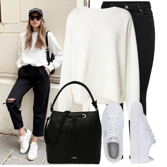 Outfit s Černá/Béžová/Bílá Páska s Kapsou/Pouzdro/Náhrdelník Collier/Sportovní doplněk/Sluneční Brýle L.CREDI "Oblečení pro volný čas"