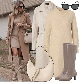 Zima Outfit s Hnědá/Khaki/Béžová Svetrové Šaty/Zimní Pletené Šaty/Dlouhé pletené šaty tatuum "Módní outfit pro volný čas"