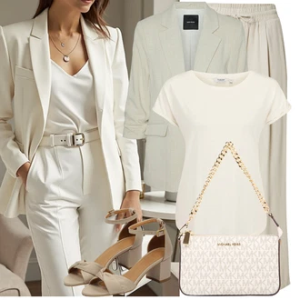 Výstřih kolem krku Outfit s Krémová/Béžová/Khaki/Bílá Tričko/Jednoduchý Top/Mužské běžecké boty/Neformální tričko/Funkční tričko/Pletené tričko/Dlouhá košile/Tričko s krátkým rukávem/Zavinovací Tričko B.young "Outfit na léto"