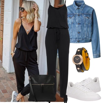 Léto Outfit s Černá Overal se zipem/Overal s půlkulatým výstřihem/Elegantní overal/Letní overall Buffalo, Černá Taška/Klasická Taška Přes Rameno/Taška Přes Rameno/Taška Na Notebook/Taška na Macbook/Taška Na Notebook/Sportovní Taška Přes Rameno About You, Černá/Žlutá/Hnědá/Zlatý Náramkové hodinky/Kožený náramek/Dámské chytré hodinky/Řemínek pro hodinky Furla "Outfit na Léto"