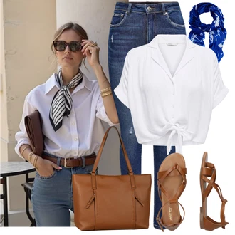 Léto Outfit s Modrá/Tmavě modrá Navlékací džíny/Kožené bundy/High Waist Džínové Kalhoty/Dámské Džíny s Délkou 7/8/Zimní bunda/Push up Džín/Kožené Boty/Džíny s Dírou/Džíny s Rozparkem/Kožená bunda/Kotníková Bota Only, Šedá/Bílá/Krémová Halenka a Tunika/Halenka Móda Pro Plnoštíhlou Only, Hnědá/Béžová Sandál S T Páskem/Vintage sandál/Páskový Sandál/Gladiátorská sandála/Římská sandála/Letní Bota About You "Outfit na Léto"