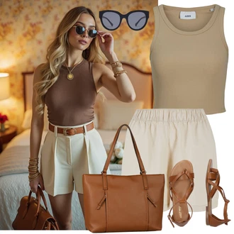 Outfit sa Bež/Smeđa Sandale Gladijator sandala/Vintage sandala/Ljetna Cipela/Sandala s Remenčićem/Rimska sandala/Sandala s T Remenom About You "Summer Outfits"