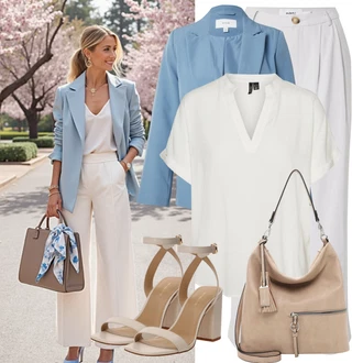 Léto Outfit s Šedá/Světle šedá Mušelínové kalhoty/Paperbag Kalhoty/Široká Kalhoty Moves, Šedá/Bílá/Krémová/Béžová/Hnědá/Khaki/Světle šedá Tunika/Halenka Móda Pro Plnoštíhlou VERO MODA, Šedá/Béžová/Hnědá Velká taška/Taška/Taška Přes Rameno/Brašna/Shopper taška/Sportovní Taška Přes Rameno Tamaris "Outfit na Léto"
