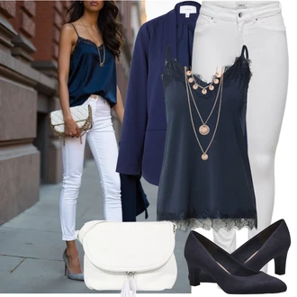 Léto Outfit s Tmavě modrá/Modrá Vila, Tmavě modrá/Modrá Krajkový Top/Krajkované tričko/Top Na Party/Pánské boty/Top Se Špagetovými Ramínky/Halenka Bez Rukávů Freequent, Růžová/Zlatý Sada šperků/Náhrdelník/Bohatě zdobený náhrdelník/Statement náhrdelník Pilgrim "Outfit na Léto"