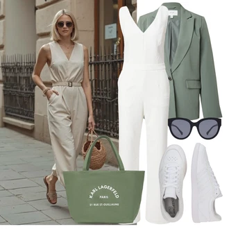 Léto Outfit s Bílá/Krémová Elegantní overal/Plisovaný overal/Overal se širokými nohavicemi/Svatební kombinéza/Letní overall ivy oak, Černá/Tmavě modrá/Šedá/Modrá Sluneční Brýle HAWKERS "Outfit na Léto"