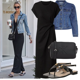 Léto Outfit s Tmavě modrá/Modrá/Světle modrá Džínové Bund/Krátké Džínové Bundičky Only, Černá/Šedá Žerzejové Šaty/Dlouhé pletené šaty/Občanské šaty/Midi Šaty/Šaty S Rovným Střihem/Zavinovací Šaty/Společenské šaty pro hosta/Šaty s Páskem/Šaty s Rozparkem Edited "Outfit na Léto"
