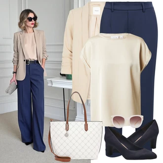 Léto Outfit s Béžová/Khaki Pieces, Tmavě modrá/Modrá Plisovaná kalhoty/Navlékací Kalhoty/Business Kalhoty/Strečová Kalhoty/Rovná Kalhoty/Úzká Kalhoty/Žerzejová Kalhoty/Obleková Kalhoty/Mušelínové kalhoty Object, Hnědá/Bílá/Béžová/Khaki/Zlatý Tričko nadměrné velikosti/Top Na Party/Tričko s vodopádovým výstřihem/Krátký top/Halenek top/Košilový top/Jednoduchý top/Tričko s krátkým rukávem Vila, Růžová/Bílá/Fialová Sluneční Brýle HAWKERS "Outfit na Léto"