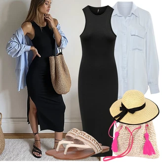 Léto Outfit s Světle modrá Halenkové Body/Blůza s knoflíčkem/Halenkový Top/Crash blůza/Džínsová Blůza/Dlouhá Halenka/Halenka s Dlouhým Rukávem/Oversize Halenka/Oversize Muselínová Blůza/Jednobarevná Halenka VIVANCE, Černá/Šedá Úzké Šaty/Šaty Ze Síťoviny/Šaty v Délce do Lýtka/Šaty S Rovným Střihem/Šaty S Rolákem/Šaty Bez Rukávů/Šaty S Vysokým Výstřihem/Odvážné Šaty/Midi Šaty/Dlouhé pletené šaty/Přiléhavé Šaty Only, Béžová/Růžová/Krémová Pletený Sandál/Letní Bota About You, Béžová/Žlutá Klobouk/Pokrývka hlavy hotsquash "Outfit na Léto"