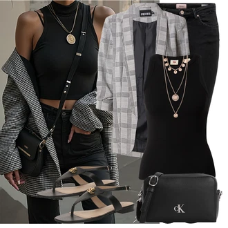 Léto Outfit s Šedá/Béžová/Světle šedá Dlouhý Sako/Oversize Sako/Boyfriend Sako/Kostkované Sako Pieces, Černá Tílko/Halenka Bez Rukávů/Tričko s grafikou/Sportovní top/Pánské boty levi's ®, Růžová/Zlatý Sada šperků/Náhrdelník/Bohatě zdobený náhrdelník/Statement náhrdelník Pilgrim "Outfit na Léto"
