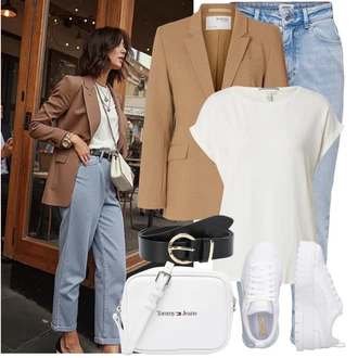 Dlouhé Outfit s Béžová/Hnědá Nezařazené SELECTED FEMME, Bílá/Šedá/Krémová Pásková taška/Taška/Klasická Taška Přes Rameno/Dopisová peněženka/Malá Taška/Taška na telefon/Brašna/Sportovní Taška Přes Rameno Tommy Jeans "Outfit na léto"