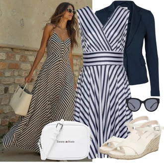 Outfit s Tmavě modrá/Bílá Šaty Do Áčka/Skater šaty/Rock'n rollové šaty/Šaty po kolenu/Žerzejové Šaty/Šaty Fit & Flare/Sportovní Šaty/Letní Šaty/Šaty Bez Rukávů Lascana "Outfit na léto"