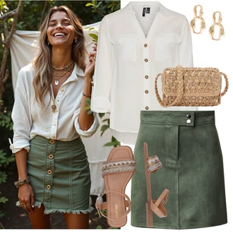 Outfit s Šedá/Khaki/Bílá/Hnědá/Béžová/Světle zelená Tunikové Tričko/Halenka S 3/4 Rukávem/Blůza s nášivkou na lokti/Oversize Muselínová Blůza/Kožená bunda/Blůza s knoflíčkem Vero Moda Tall "Outfit na léto"