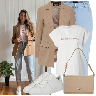Outfity s boyfriend džínami Léto s Světle modrá/Modrá Boyfriend Džínové kalhoty/Zkrácené Džíny/High Waist Džínové Kalhoty/Mom Jean/Džíny s Dírou/Girlfriend Džíny/Kotníková Bota/Džíny s Rozparkem/Kožené bundy Pieces, Béžová Nezařazené Pieces, Šedá Kožené tenisky/Nízká Teniska/Úzká teniska About You "Outfit na Léto"