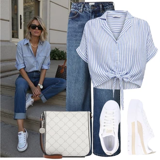 Léto Outfit s Lilové barvy/Světle modrá/Modrá/Tmavě modrá Halenka a Tunika/Halenka Móda Pro Plnoštíhlou Only, Šedá/Bílá/Béžová Nízká Teniska/Teniska na platformě Puma "Outfit na Léto"