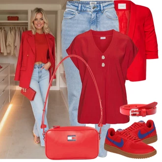 Elegantní Outfit s Červená/Tmavě červená Oversize Sako/Boyfriend Sako/Dlouhý Sako/Teplákový blejzr/Kožená bunda pro muže Pieces "Outfit na léto"Look: Univerzitní, Cool, Elegantní, Burleska, Disko