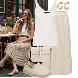 Léto Outfit s Bé?ová/Khaki/Hn?dá Maxi Sukn?/Italská Sukn?/Sukn? Pro Svatebního Hosta/Sukn? Pro Matriku/Vintage Sukn? maxi/Slavnostní Maxi Sukn?/Dlouhá Sukn?/Plisovaná Sukn? Only "Lehký outfit"