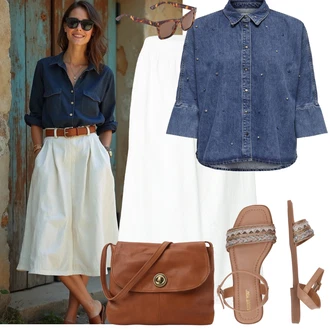 Dlouhé Outfit s Modrá/Tmavě modrá/Světle modrá Džínsová Blůza Only, Hnědá/Béžová/Žlutá Taška Přes Rameno/Klasická Taška Přes Rameno/Sportovní Taška Přes Rameno/Brašna/Dopisová peněženka/Taška na Macbook/Taška/Nezařazené Pieces "Stylový vzhled pro volný čas"