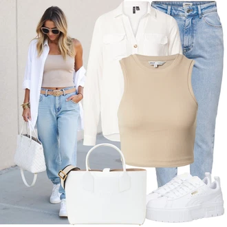 Zapínání na knoflíky Outfit s Bílá/Krémová/Tmavě modrá/Khaki Halenka Blůza s nášivkou na lokti/Halenka s Dlouhým Rukávem/Blůza s knoflíčkem VERO MODA "Stylový vzhled pro volný čas"