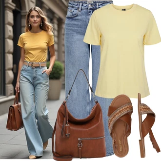 S nadýchanými rukávy Outfit s Žlutá/Zlatý Jednoduchý top/Mužské běžecké boty/Neformální tričko/Funkční tričko/Pletené tričko/Tričko s krátkým rukávem Pieces "Stylový vzhled pro volný čas"