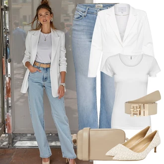 Elegantní Outfit s Bílá Elegantní Sako/Kožená Pánská Bund/Kožená bunda pro muže/Boyfriend Sako/Smokingové sako/Bavlněný Sako/Blejzrové Bund/Krátké Sako/Blůzové Sako/Neformální Sako/Teplákový blejzr Ichi "Perfektní na léto"Look: Business, Kancelář, Elegantní, Klasické