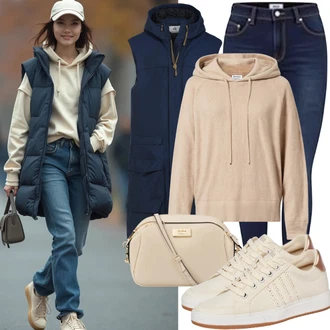 Outfit s Modrá/Tmavě modrá/Světle modrá Vesta z Umělých Vláken/Sportovní Vest/Izolační Vest/Peřová Vest/Vest bez Rukávů/Obracející se Vest/Prošitý Prslušenství/Lehký Prslušenství/Krátká Vest/Puffer Vest scalpers "Perfektní pro podzim"