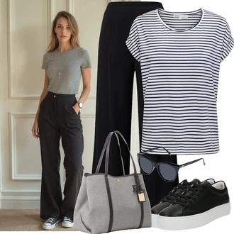 Outfit s Černá/Žlutá/Tmavě modrá Palazzo Kalhoty/Kalhoty s Vysokým Pasem/Kalhoty se Štěrbinou/Culotte Kalhoty/Široká Kalhoty/Mušelínové kalhoty/Tradiční Kalhoty/Marlene Kalhoty/Lněné Kalhoty Edited "Stylový vzhled pro volný čas"