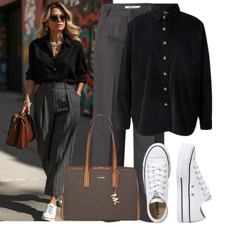 Zapínání na knoflíky Outfit s Černá Halenka se Stojatým Límcem/Blůza s knoflíčkem/Manšestrová Halenka About You "Praktický Vzhled"