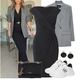 Outfit s Černá/Tmavě šedá/Šedá Žerzejové Šaty/Šaty s Vodopádovým Výstřihem/Šaty po kolenu/Kancelářské šaty/Občanské šaty/Šaty pro Svatebního Hosta Společenské šaty pro hosta/Pouzdrová Šat/Zavinovací Šaty Polo Ralph Lauren "Praktický Vzhled"