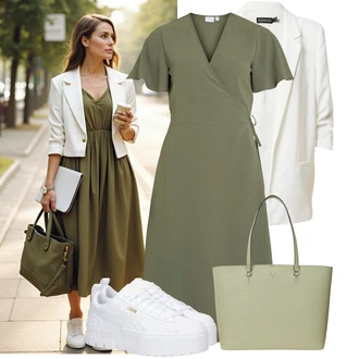 Outfit s Tmavě zelená/Zelená Občanské šaty/Šaty pro Svatebního Hosta Společenské šaty pro hosta/Zavinovací Šaty Vila "Cool outfity na volný čas"