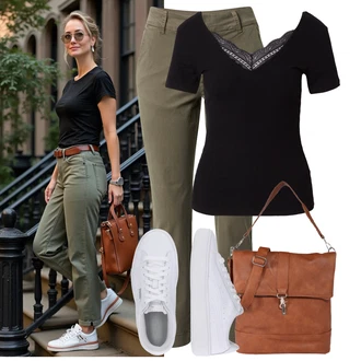 Outfit s Černá/Hnědá Fancy tričko/Pletené tričko/Top Na Party/Košilový top/Tričko s krátkým rukávem/Krajkový Top/Jednoduchý top/Krátký top About You "Stylový vzhled pro volný čas"