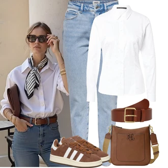 Léto Outfit s Bílá/Krémová Businessová Halenka/Žehlení odolná blůza/Halenka Slim Fit/Halenka se Stojatým Límcem/Blůza s knoflíčkem/Halenka s Dlouhým Rukávem Guess "Outfit na Léto"