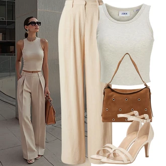 20 léta Outfit s Béžová/Oranžová/Hnědá/Khaki Plisovaná Kalhoty/Kalhoty s Vysokým Pasem/Lněné Kalhoty/Marlene Kalhoty/Palazzo Kalhoty/Tradiční Kalhoty/Široká Kalhoty/Kalhoty s nášivkou uprostřed/Kalhoty se Štěrbinou/Mušelínové Kalhoty Leger by Lena Gercke "Outfit na léto"Look: Lehký, 20 léta, Kancelář, Old Money, Venkovní, Univerzitní