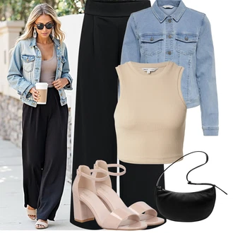 Léto Outfit s Světle modrá/Modrá Krátké Džínové Bundičky/Džínové Bund Only, Černá Pánská taška/Bagetová taška/Pásková taška/Plážová Taška/Taška/Klasická Taška Přes Rameno/Taška Přes Rameno/Malá Taška/Brašna/Sportovní Taška Přes Rameno Pull&Bear, Růžová/Hnědá/Béžová Sandál Na Podpatku/Sandál s podpatkem/Sandál Na Širokém Podpatku About You "Outfit na Léto"