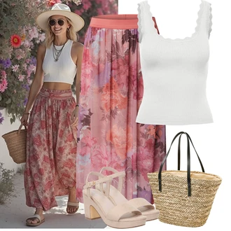 Outfity pro léto Vintage s Béžová/Hnědá Sandál s podpatkem/Sandál Na Širokém Podpatku/Sandál Na Podpatku About You "Outfit na léto"Look: Šik, Elegantní, Cool, Italský, Krásný, Old Money, Vintage