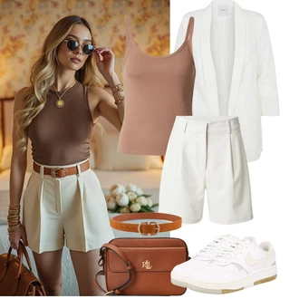 Outfit sa Krem/Bijela Kaput/Pletivo Veći Broj/Bluza i Tunika Tunika Pieces "Outfit na léto"