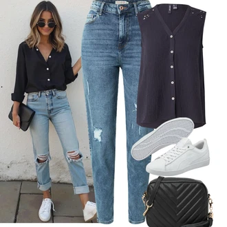 Outfity s boyfriend džínami Léto s Světle modrá/Modrá High Waist Džínové Kalhoty/Kotníková Bota/Boyfriend Džínové kalhoty/Džíny s Rozparkem/Kožené bundy/Džíny s Dírou/Girlfriend Džíny Pieces, Černá/Bílá/Růžová Klasická Taška Přes Rameno/Malá Taška/Taška na telefon/Brašna/Sportovní Taška Přes Rameno About You, Šedá/Krémová/Bílá Úzká teniska/Kožené tenisky/Nízká Teniska Puma "Outfit na Léto"