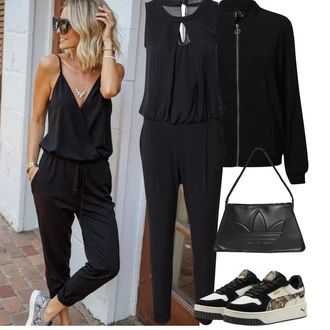 Koncer Outfit sa Crna Održiva jakna/Ljetna jakna/Jakna za Trening/Jakna s Patentnim Zatvaračem sa strane/Merino jakna/Bluza-jakna/Bomber Jakna VERO MODA, Crna Ljetni kombinezon/Kombinezon s patentnim zatvaračem/Kombinezon s halterima/Elegantni kombinezon Vera Mont "Outfit na léto"Look: 18. rođendan, Koncer, Korporativna zabava, 50. rođendan