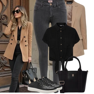 Léto Outfit s Béžová Pieces, Světle šedá/Tmavě šedá/Šedá Jeggings/Skinny Kalhoty/Džínové Legíny Only, Černá Halenka a Tunika/Halenka Móda Pro Plnoštíhlou Pieces "Outfit na Léto"