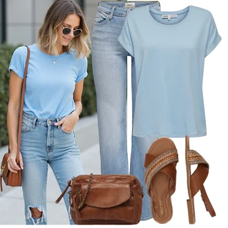 Outfit sa Svjetloplava/Plava Majica I Top Veći Broj/Bluza i Tunika Tunika/Bluza Veći Broj Only "Ljetno cvijeće"