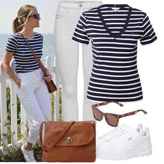 Léto Outfit s Tmavě modrá Pruhované Tričko Tommy Hilfiger, Šedá/Bílá Teniska na platformě/Nízká Teniska Puma, Hnědá/Béžová/Žlutá Taška Přes Rameno/Klasická Taška Přes Rameno/Sportovní Taška Přes Rameno/Brašna/Dopisová peněženka/Taška na Macbook/Taška Pieces "Vzhled casual"