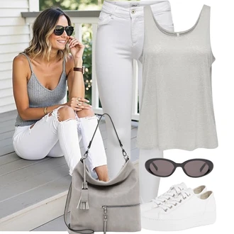 Outfit s Bílá/Krémová/Stříbrný Nízká Teniska/Teniska na platformě/Kožené Tenisky/Tenisky s Bočním Zipem/Úzká Teniska/Plátěná Teniska Paul Green "Vzhled casual"
