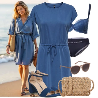 Vysoké Podpatky Outfit s Tmavě modrá/Modrá Sandál Na Podpatku/Sandál s podpatkem/Sandál Na Širokém Podpatku About You "Vzhled casual"